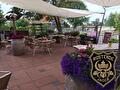Terras met parasols en bloeiende planten